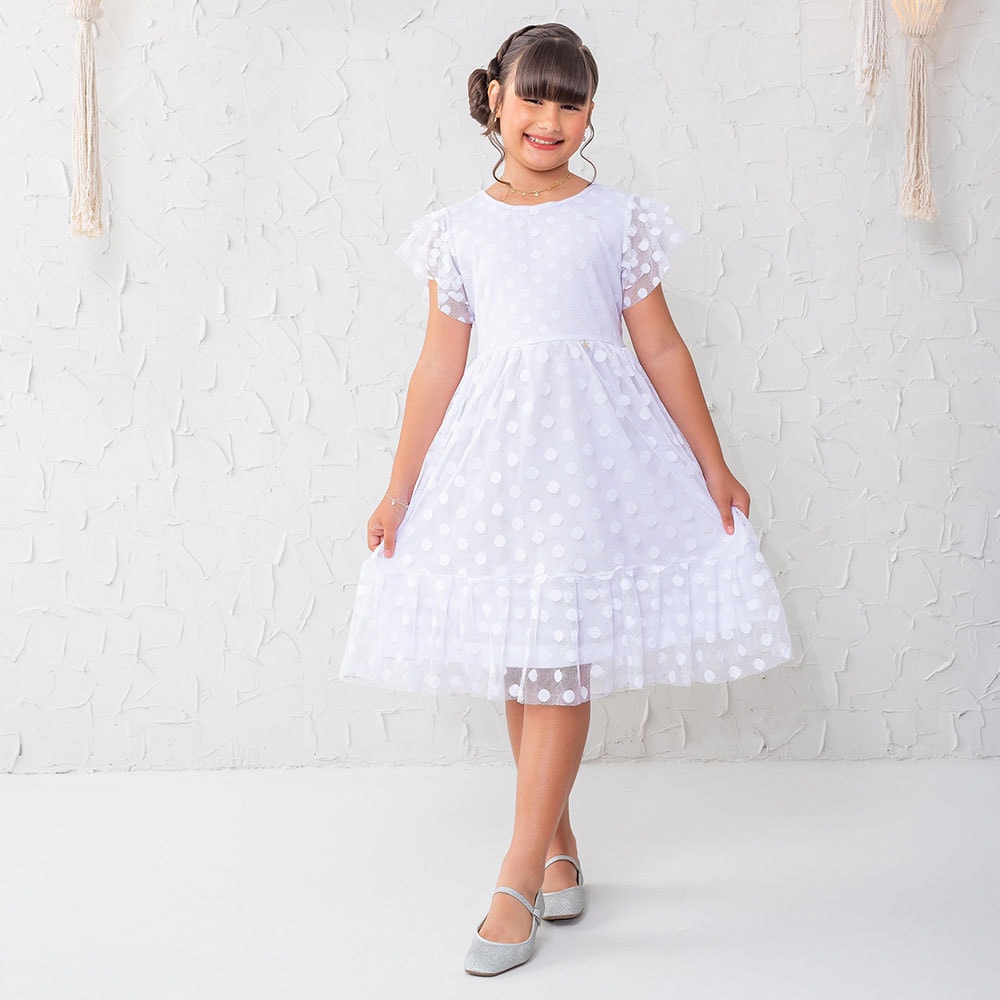 Vestido infantil Tule Poá Branco Mini Belas