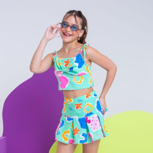 Conjunto infantil Florido Verde Short Saia