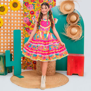 Vestido Infantil Floral Laranja São João