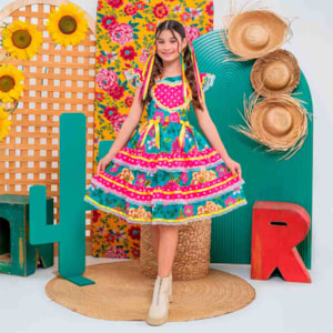 Vestido Infantil Floral Verde São João