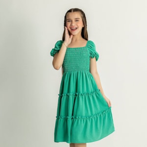 Vestido infantil rodado verde tiffany