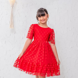 Vestido infantil Tule Poá Vermelho Rodado