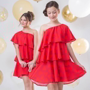 Vestido infantil Um Ombro Corações Vermelho