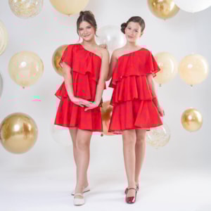 Vestido infantil Um Ombro Corações Vermelho