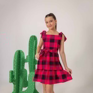 Vestido Infantil Xadrez Pink e Preto